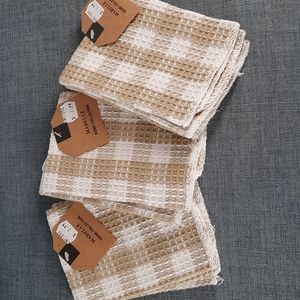 Cotton Kitchen Dish Cloths Sets Waffle Weave Tan White Buffalo Check Plaid